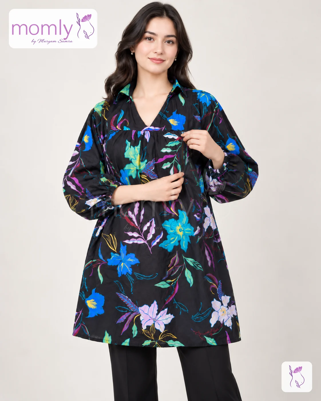 Black Floral Printed Linen Nursing Top with multicolor floral print