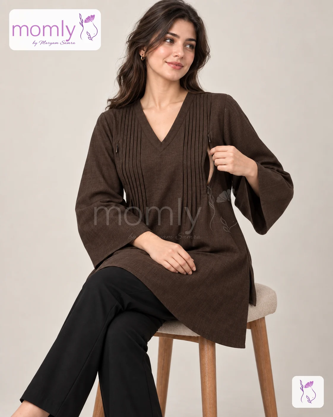 Brown Khaddar Nursing Top with pintuck detail and concealed zip