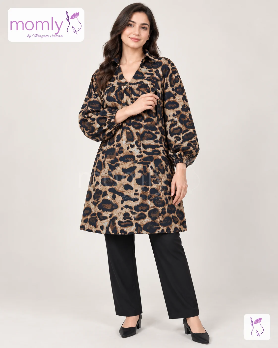 Cheetah Printed Linen Nursing Top with brown and black cheetah print