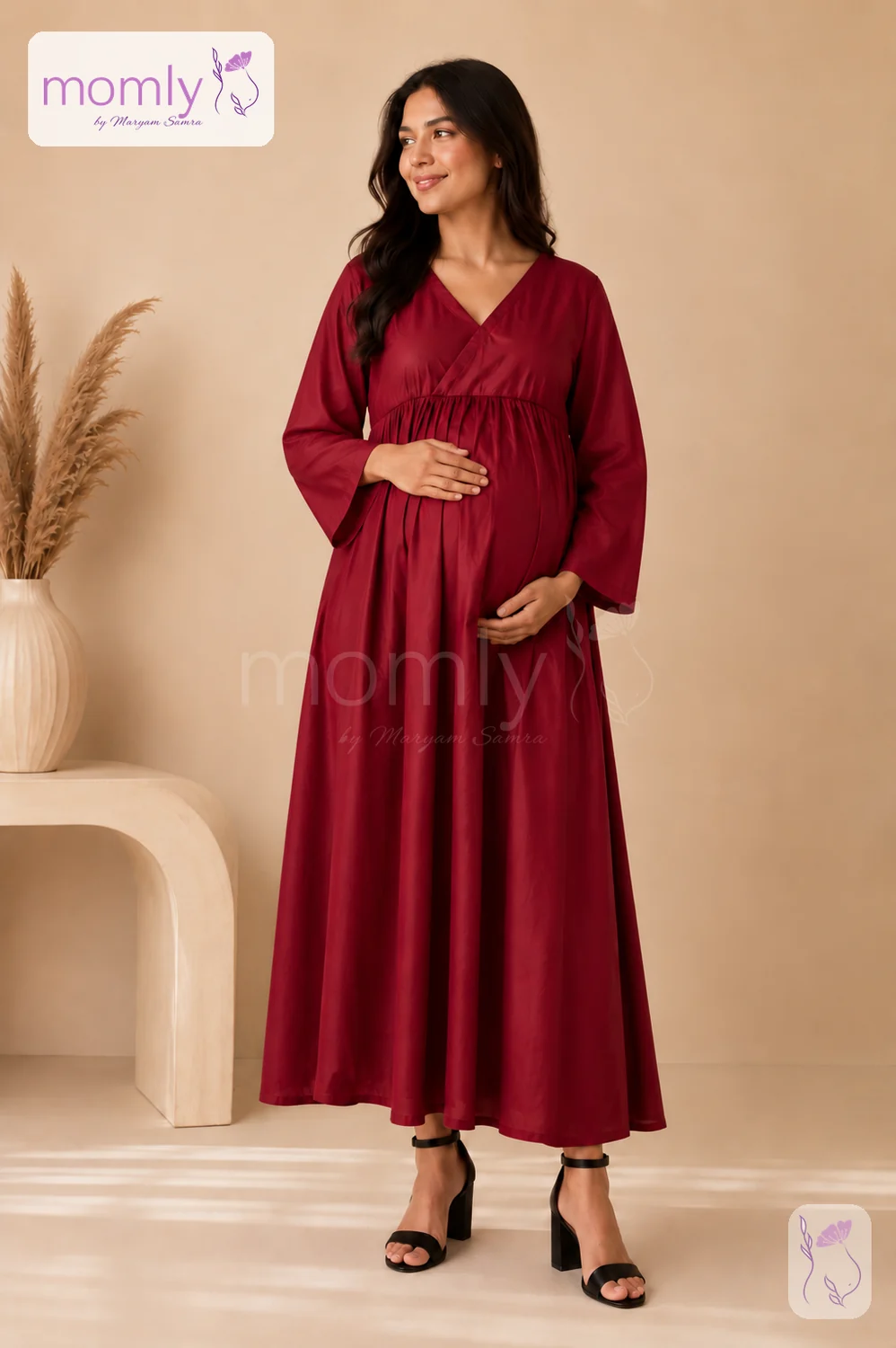 Front view of the Maroon Maternity Solid Gown worn during pregnancy