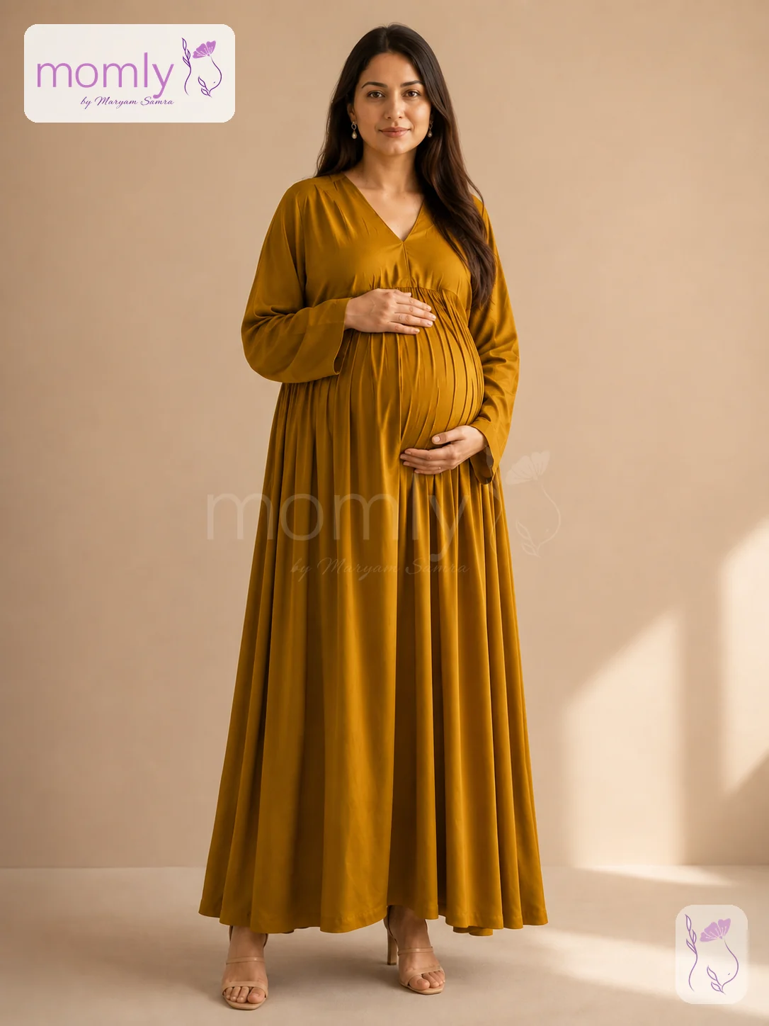 Front view of the Mustard Maternity Solid Gown