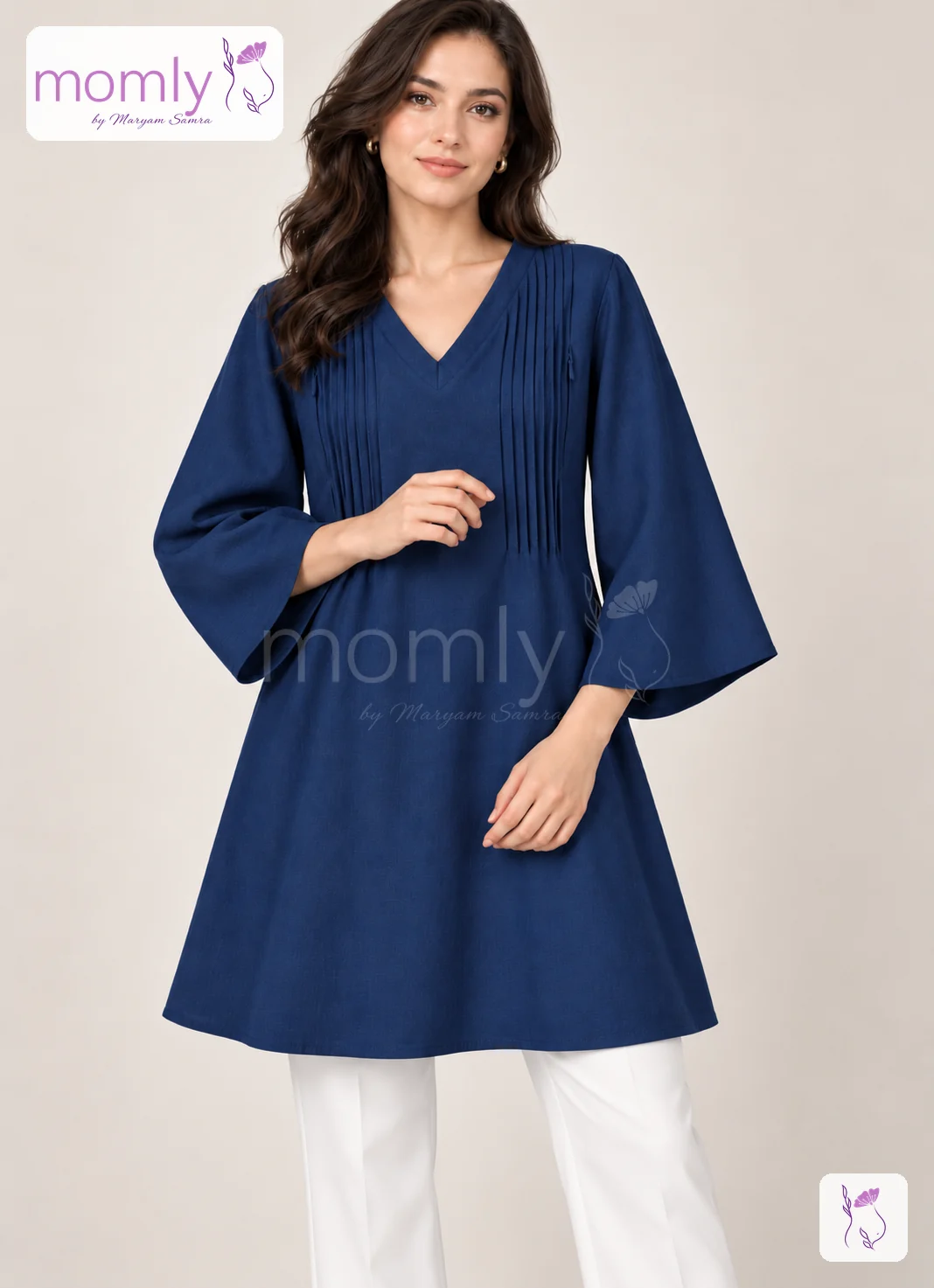 Navy Blue Khaddar Nursing Top with pintuck detail and concealed zip