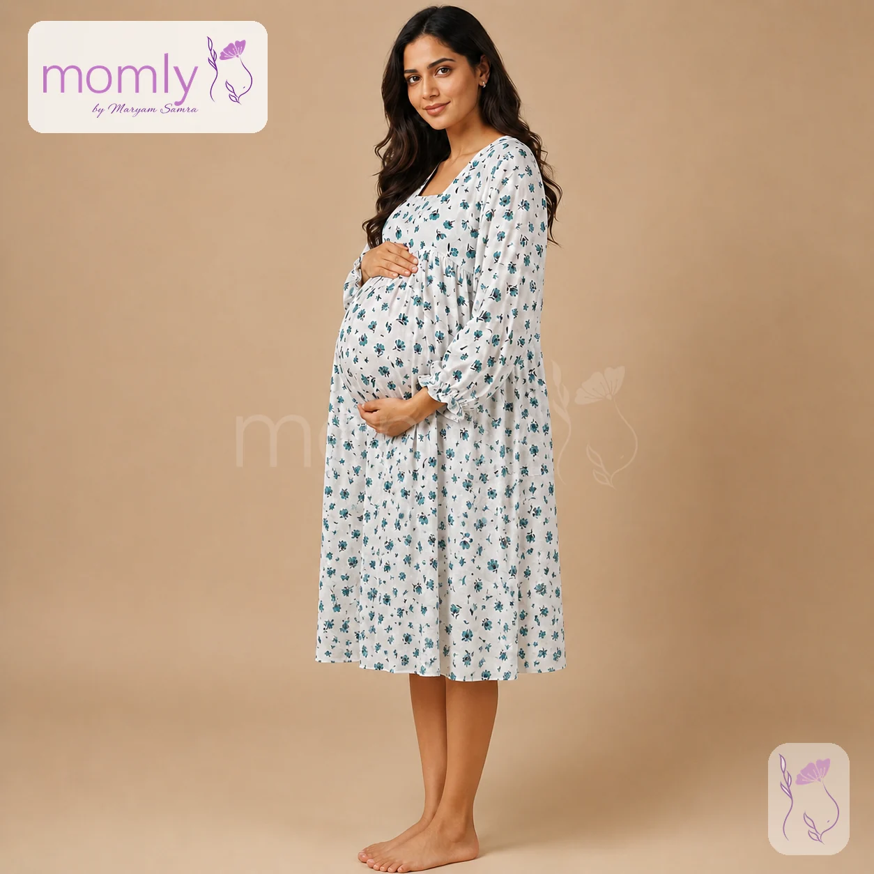 Front view of the Printed Floral Linen Maternity Dress