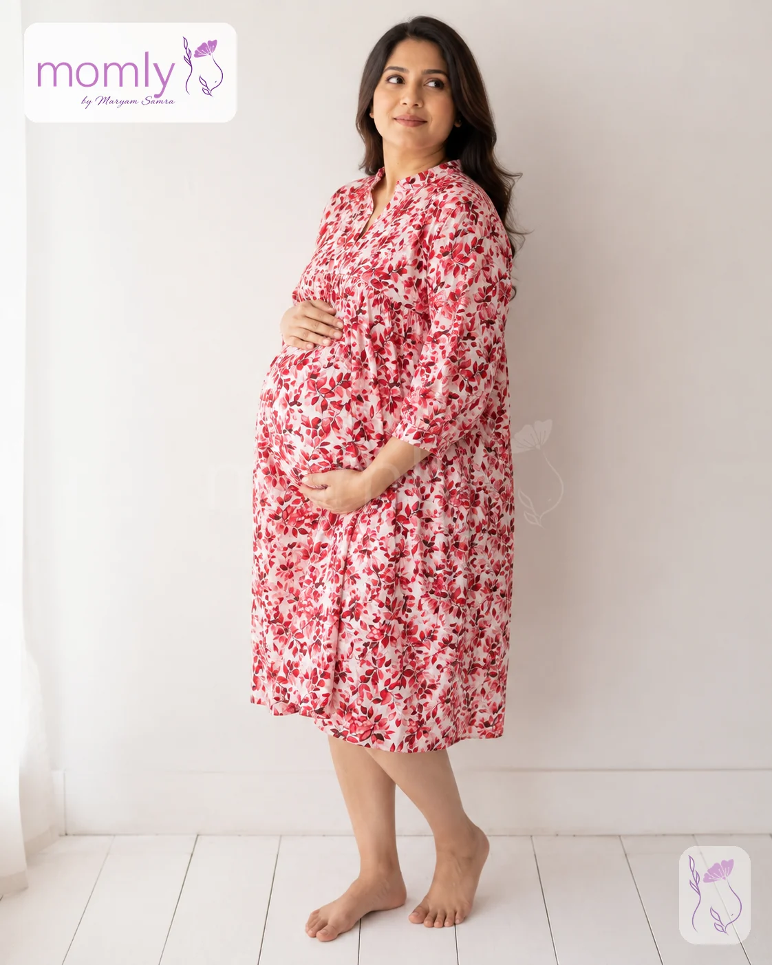 Front view of the red floral cotton maternity dress