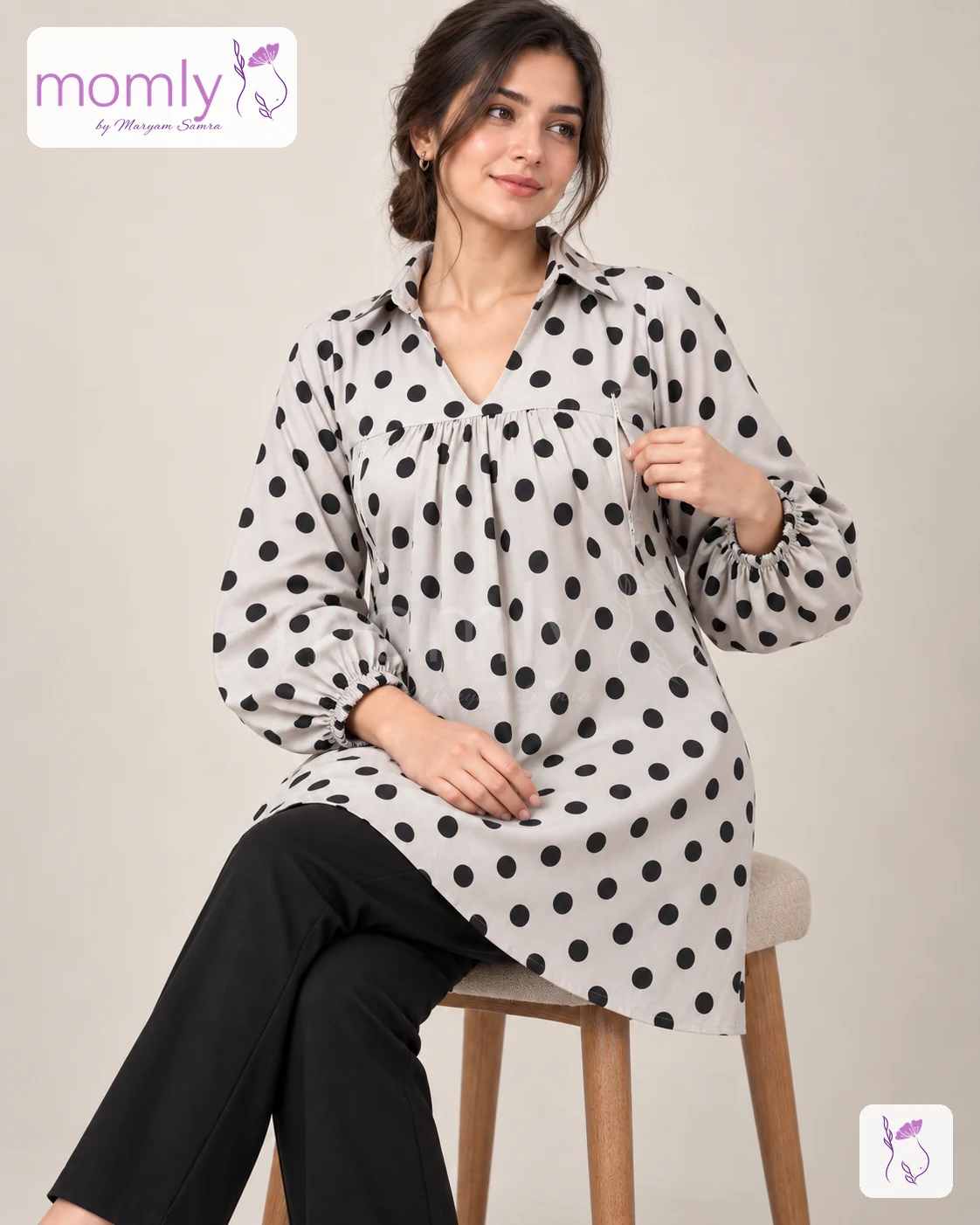 White Polka Dot Printed Linen Nursing Top with black polka dot print