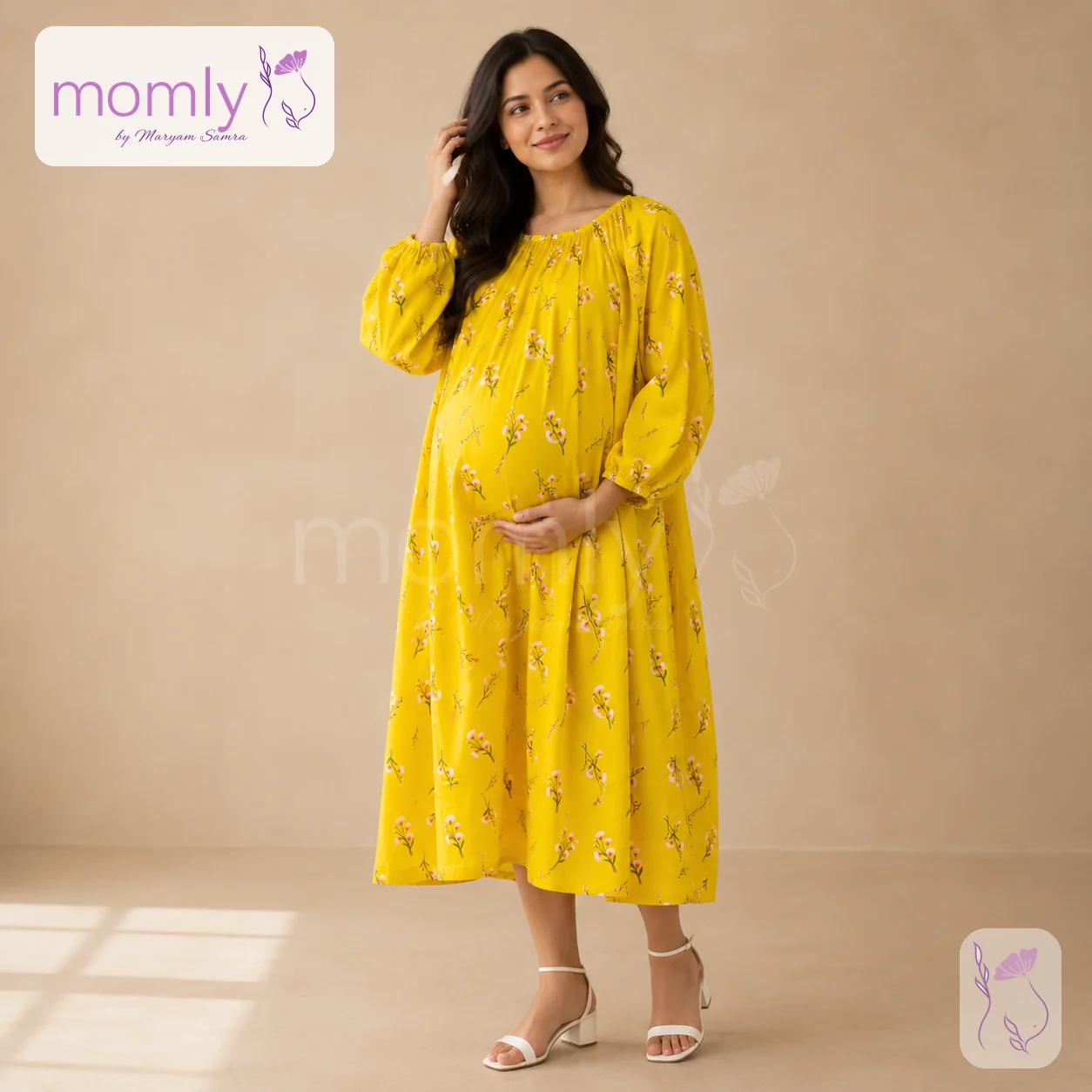 Front view of the yellow floral linen maternity dress