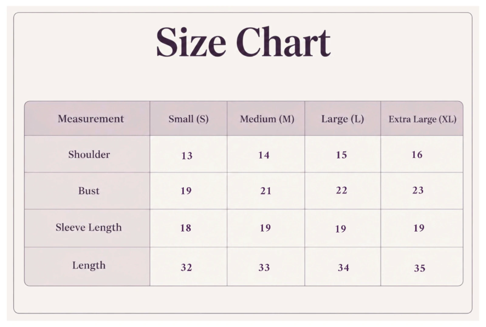 Momly feeding top size chart for Small, Medium, Large, and Extra Large