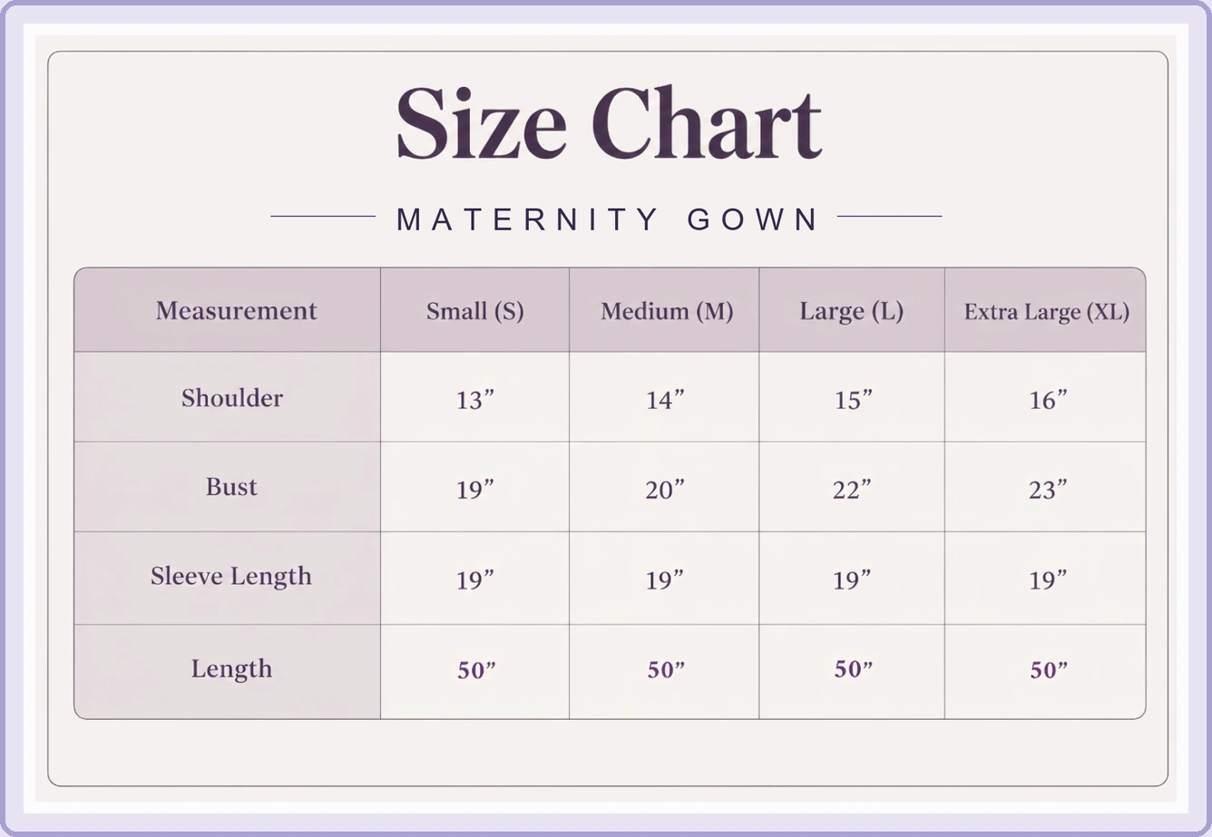 Momly lavender-tinted maternity gown size chart