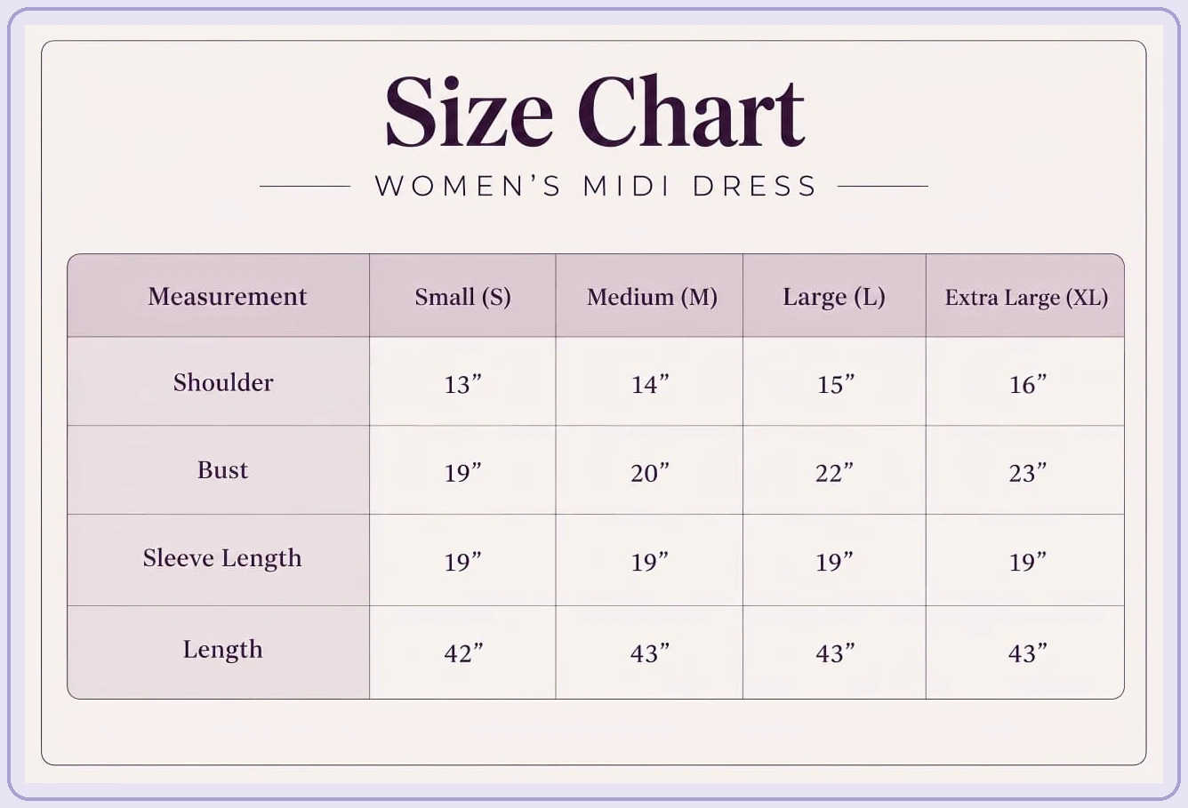 Momly lavender-tinted women's midi dress size chart